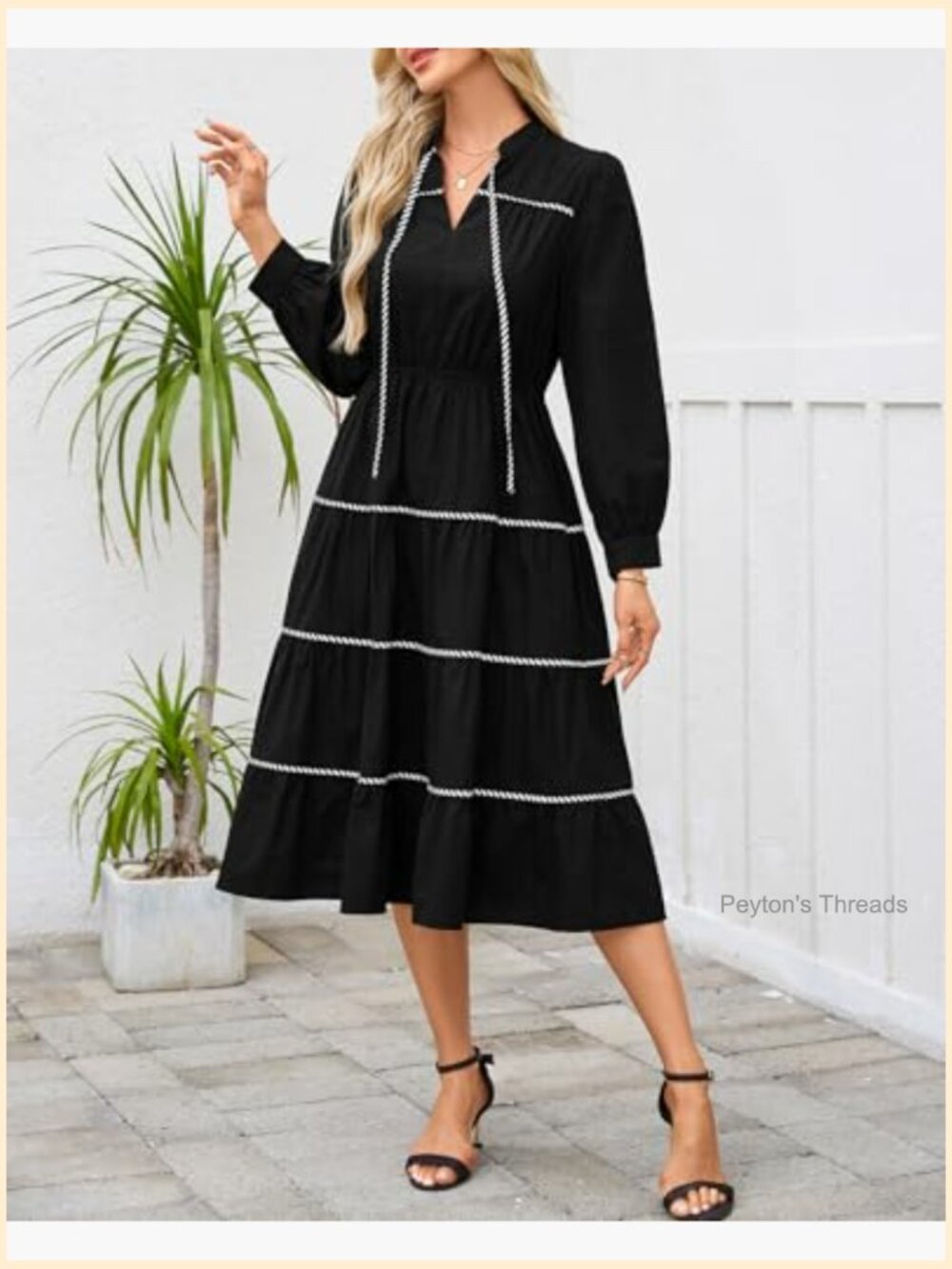 Women's Long Sleeve Tiered Midi Dress V Neck Elastic Waist Flowy Ruffle Dress - Picture 4 of 6